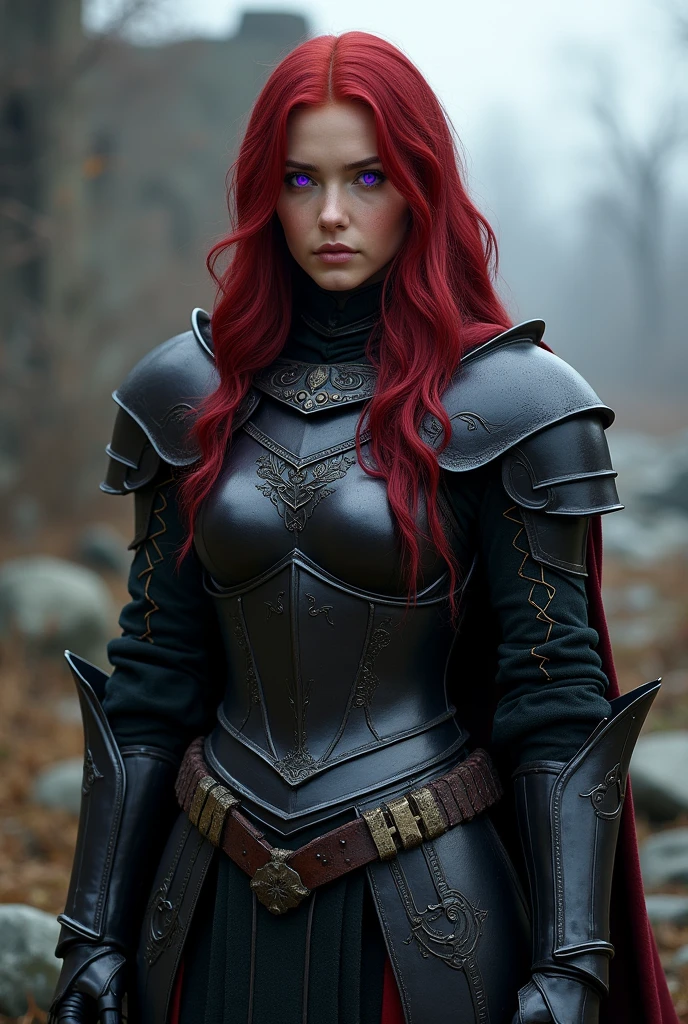 A medieval woman in black armor with violet eyes and red hair(reds)