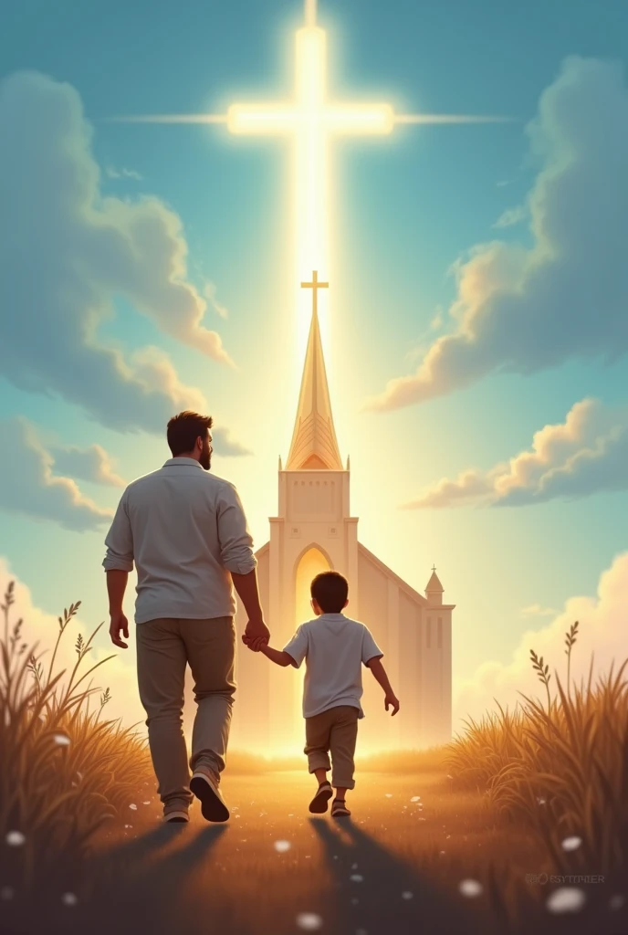 Father&#39;s Day Instagram Story image for the church, scene where a father and his son are holding hands, walking towards a church formed by the International Churches of the Grace of God of the missionary R. R. soares
. in the blue sky, a bright cross or a cross-shaped beam of light could appear, highlighting the faith that unites the family and the importance of the father as a spiritual guide.