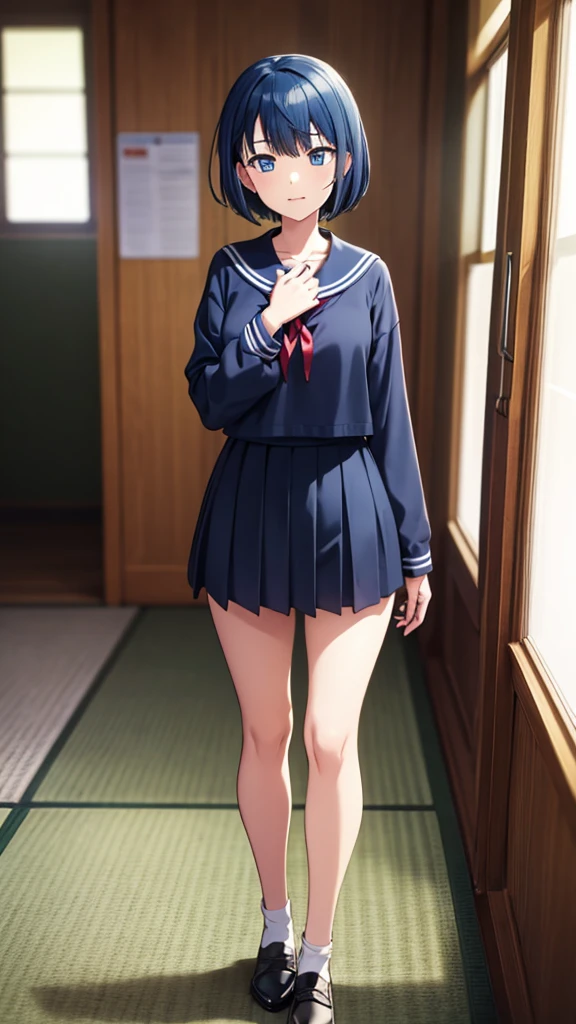 ((masterpiece, Highest quality, Very detailed, Very nice 8K CG wallpaper)), , A little thick, Medium Hair, Blue Hair, short hair, blue eyes,judo player、saylor styled uniform、Large bust、Sailor suit、mini skirt、judo、Cute expression、Inside the judo Gymnasium、、On the tatami、discovery、One Girl、Full body standing、rest、Haruka Kiritani、Bust Size C Cup、love affair、date、Confession、幼い頃judo家によって育てられた