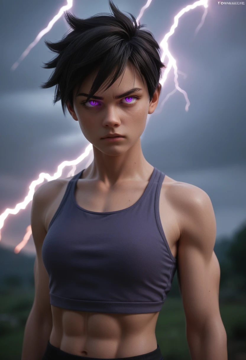 Masterpiece, Best Quality, 3D, 1girl, female, tomboy, toned, black hair, short hair, lightning, sparks, purple eyes, glowing eyes