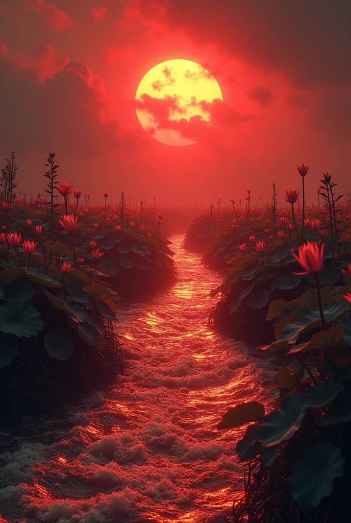 an effervescent roaring reddish yellow river with waves, seamed by endless fields of giant waterlillies with very long necks under a dark red sun in a dark gloomy atmosphere