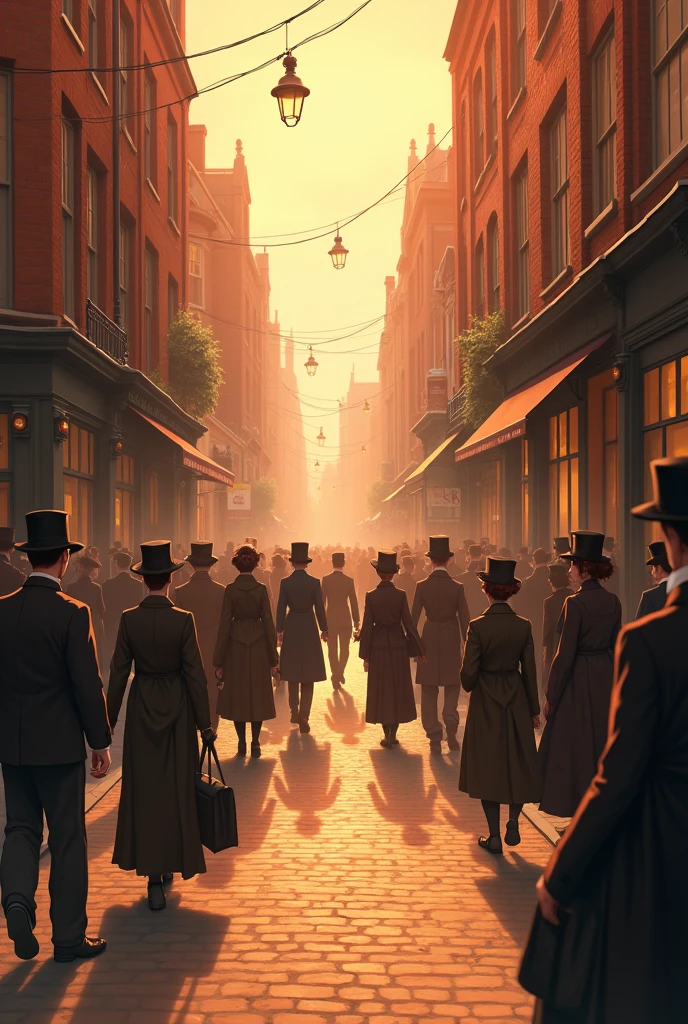 London footpaths in 1888 , warm tone , people on two sides , anime style