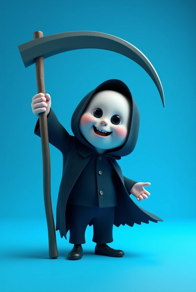 Happy little animated death man version with a scythe and all blue background