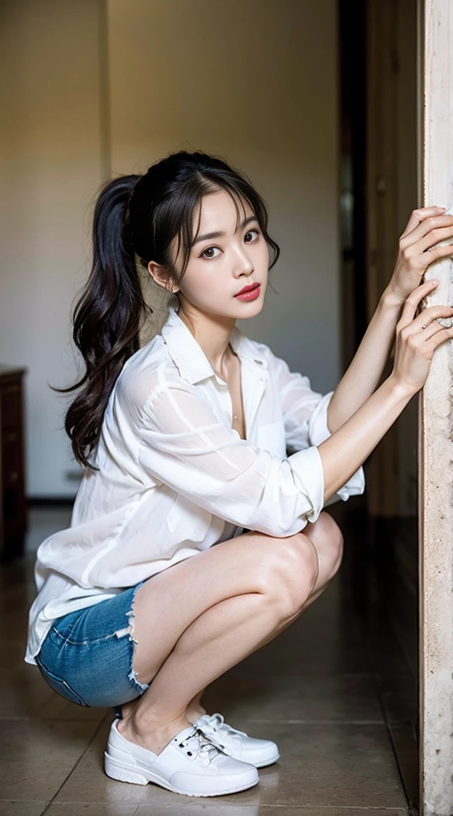 Dark brown hair、Light brown eyes、Japanese actress、 Lady、I am about 40 years old..........、(Intricate details:1.2)、 (Ultra-high resolution:1.2)、Ultra-high resolution、(fine adjustment)、(Detailed facial features)、8k resolution、B cup size breasts、Extravagant space、relax、、,Full body photo、Head to toe shot、Beautiful legs、White shirt、Skin sheer、Beautiful legs、、she, household items,   (plant:0.8), Fashion Hub, Very detailed, Very detailed, Realistic, Hourglass Shaped Body, Obscene pose,、Messy Hair、Messy ponytail、Leaning against a wall、I cry a lot、tears、、White floor、White wall、A masterpiece of transparent painting、Button-down shirt、Borrow his shirt、Crouching leaning against the wall、