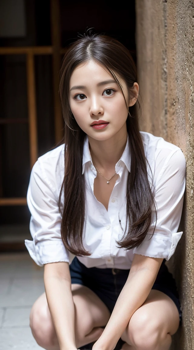 Dark brown hair、Light brown eyes、Japanese actress、 Lady、I am about 40 years old..........、(Intricate details:1.2)、 (Ultra-high resolution:1.2)、Ultra-high resolution、(fine adjustment)、(Detailed facial features)、8k resolution、B cup size breasts、Extravagant space、relax、、,Full body photo、Head to toe shot、Beautiful legs、White shirt、Skin sheer、Beautiful legs、、she, household items, (plant:0.8), Fashion Hub, Very detailed, Very detailed, Realistic, Hourglass Shaped Body, Obscene pose,、Messy Hair、Messy ponytail、Leaning against a wall、I cry a lot、tears、、White floor、White wall、A masterpiece of transparent painting、Button-down shirt、Borrow his shirt、Crouching leaning against the wall、