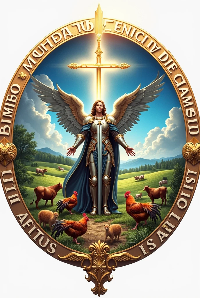 Round logo with a farm in the front and an archangel Michael in armor and sword in the background with a blue sky and a farm and a pasture with cows, chickens and children running. Around the logo write Sítio São Miguel