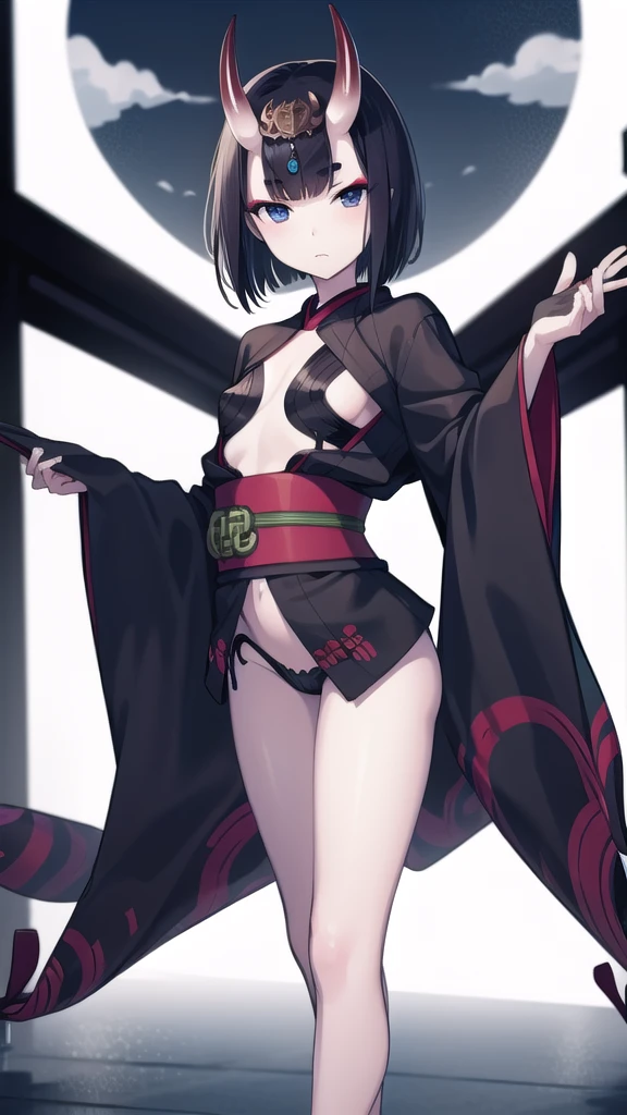 Black short-haired girl with doll head and flat chest,Demon horn,kimono,underwear,Bare Legs,barefoot,Standing,On the torii gate