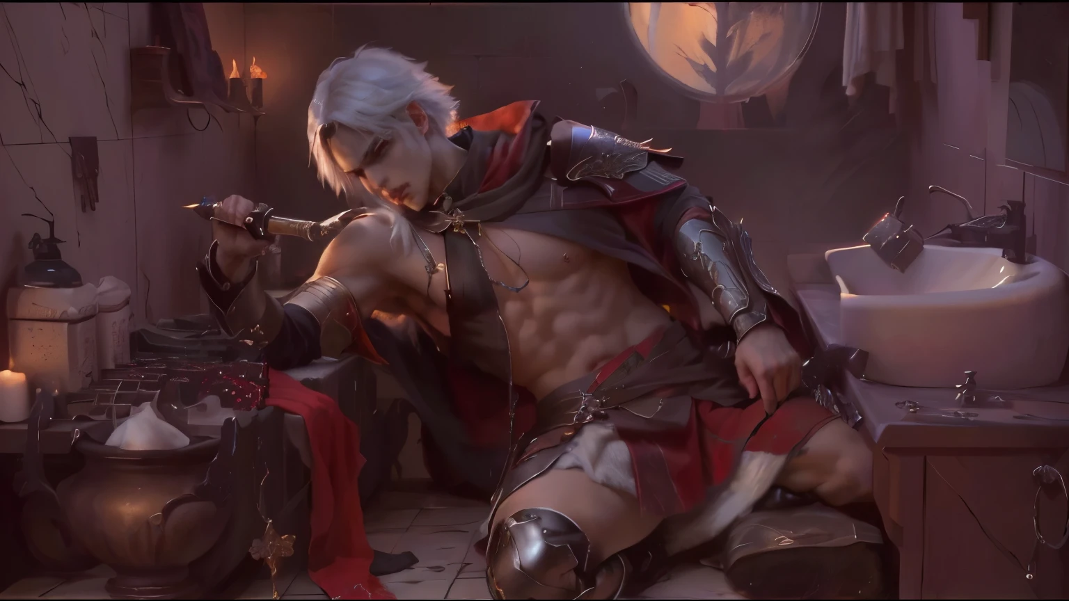 Telephoto lens，masterpiece，In the ancient bathroom,Dagger in hand， Son of Sparta, by Shitao, Dante from devil may cry, author：Yang J, Dante from devil may cry 2 0 0 1, Provided by Shingei, Dante, Sancred water style wlop, Zerochan art, advanced digital anime art ”, By Kama Guka