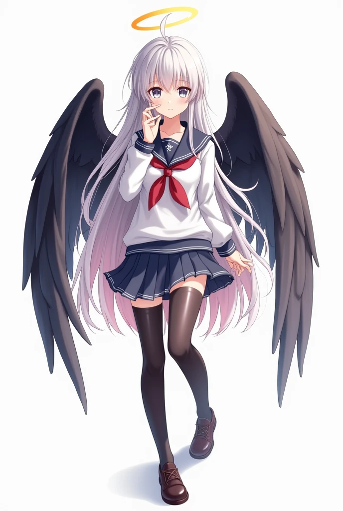 a beautiful girl with silver long hair, gray eyes. pink hair gradations, wearing a Japanese school seifuku uniform, wearing black wings. and an angel halo overhead. Cool expression. Full body, school shoes and black stocking