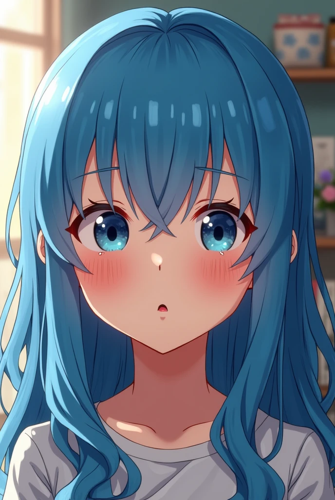 , age 12, blue hair, white teeth, smile, open mouth, spit on tongue, big eyes, blushing, realistic style, more mature, long hair, more detailed hair, smaler face, shy