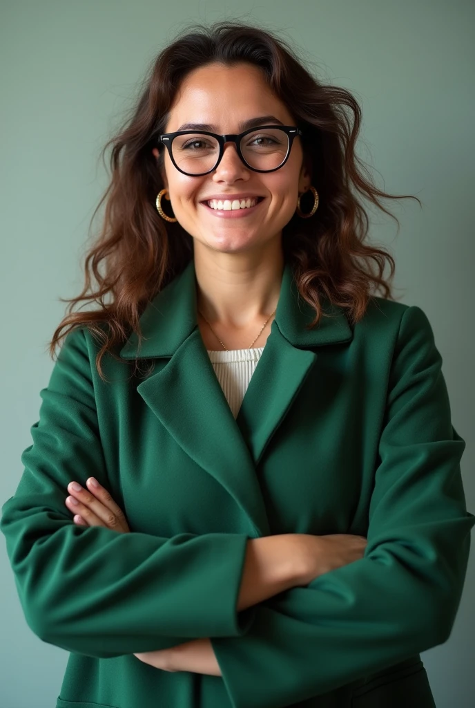 A woman in a green coat with her arms crossed, hair lightly (kac) wavy and long and brown eyes, and showing that he is an expert in eye health. Wearing small, thick gold earrings. wearing prescription glasses. Que pese mais ou menos 90kg um kac gordinha (Not much)