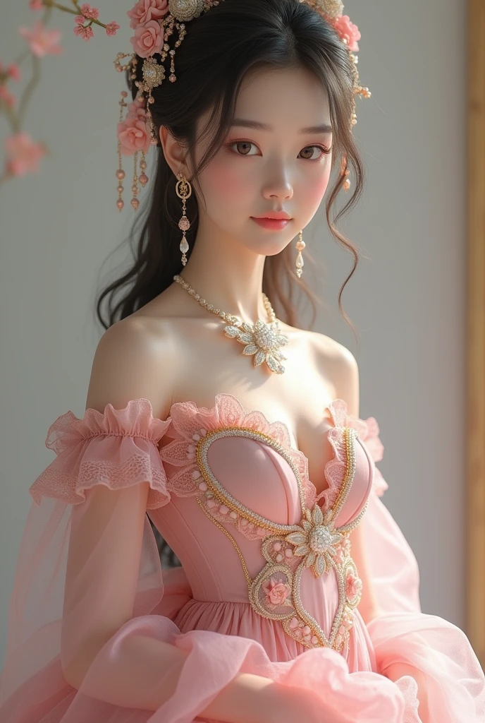A sophisticated mature young woman wearing pink lolita clothing，Full body front，Asian，The skin is relatively white，Gorgeous clothing，Clothes have silky transparent lace，Gold wire trim，Gemstone embellishment，Pearl necklace hanging on the top