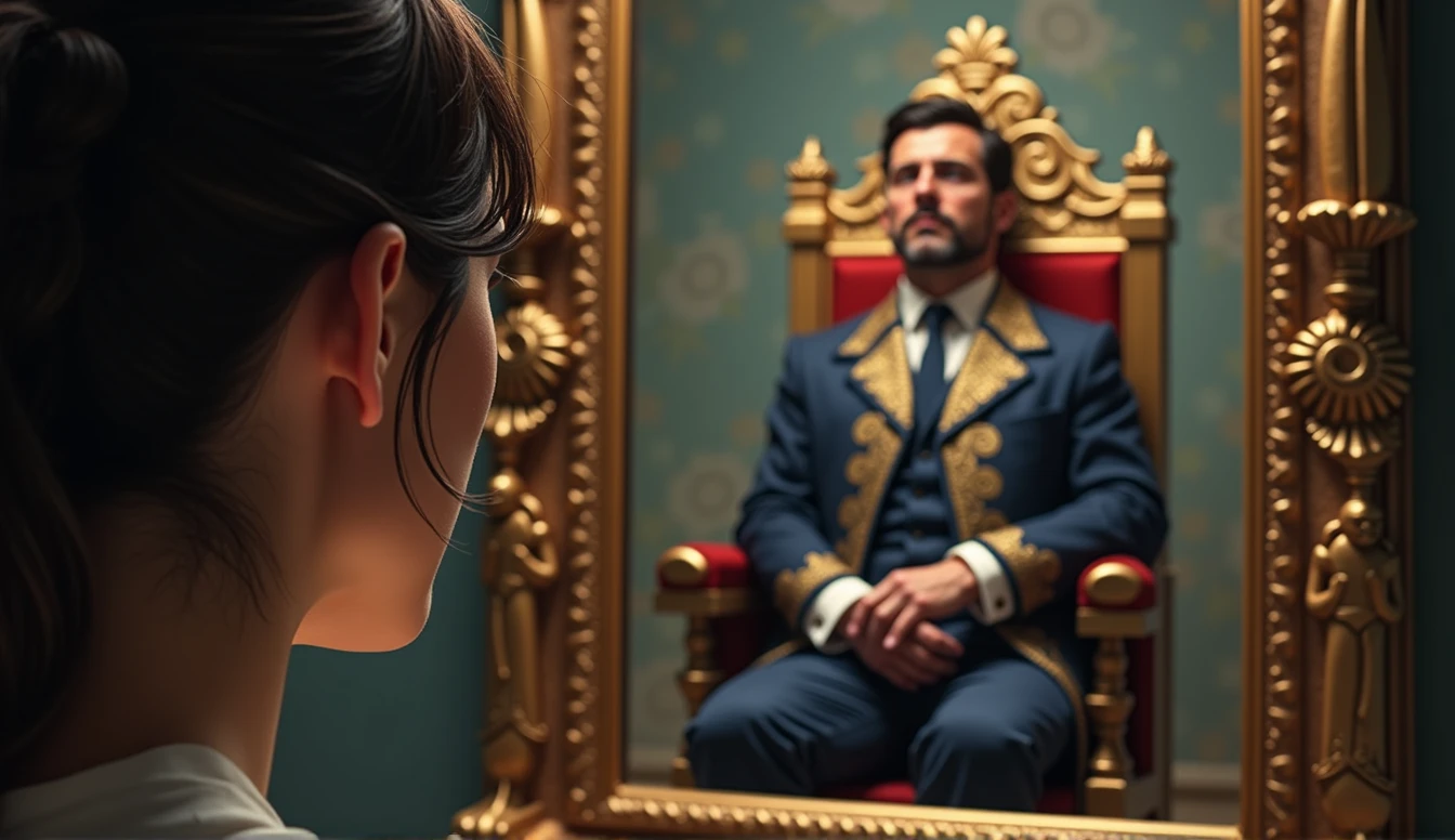 30 year old woman looking in the mirror and seeing in the reflection the image of a man sitting on a golden throne, referring to the figure of a powerful emperor, convey depth
