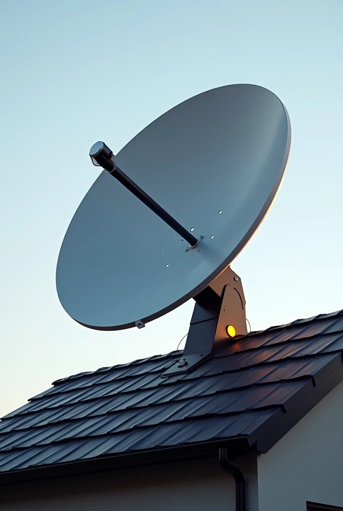 Large modern satellite dish with a yellow light on the brown tail with white writing on the roof of a house 