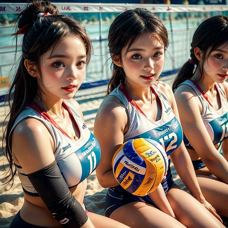 ExtremelyDetailed (((Beach Volleyball Team Kawaii Girls in a row:1.4))), Childish perfect face, Reflective Eyes, Detailed(Delicate Clothing textures), Corrected Leg to Foot Line, Corrected Perfect Hand, Dynamic Joyful Expressions LifeLike Rendering, (Specular Reflection:0.5), TopQuality 8K Ultra-detailed masterpiece (ProfessionalPhoto:1.37), (Acutance:0.8), (Luminism:1.28), (Exposed Under boob) from side