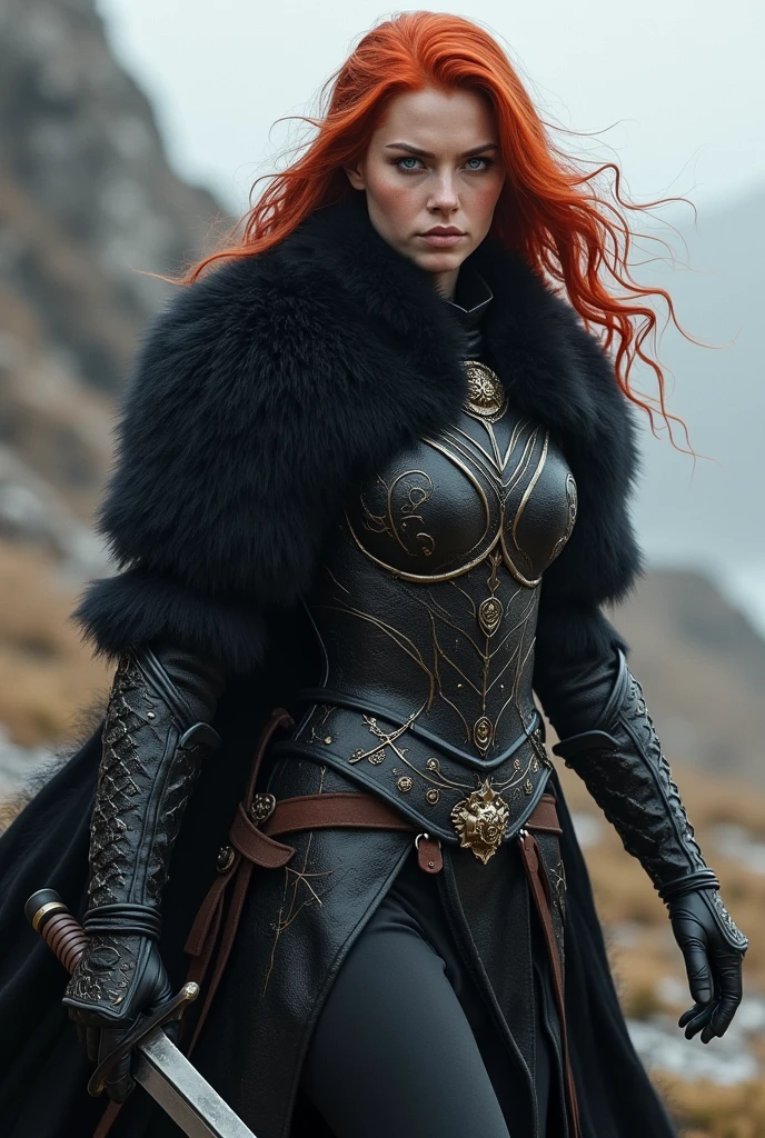 A medieval woman in fur armor( black) with violet eyes and intense red hair 