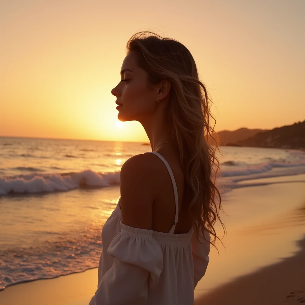 Beautiful blonde girl of 20 years on a beach. Mirando hacia el costado en un atardecer 