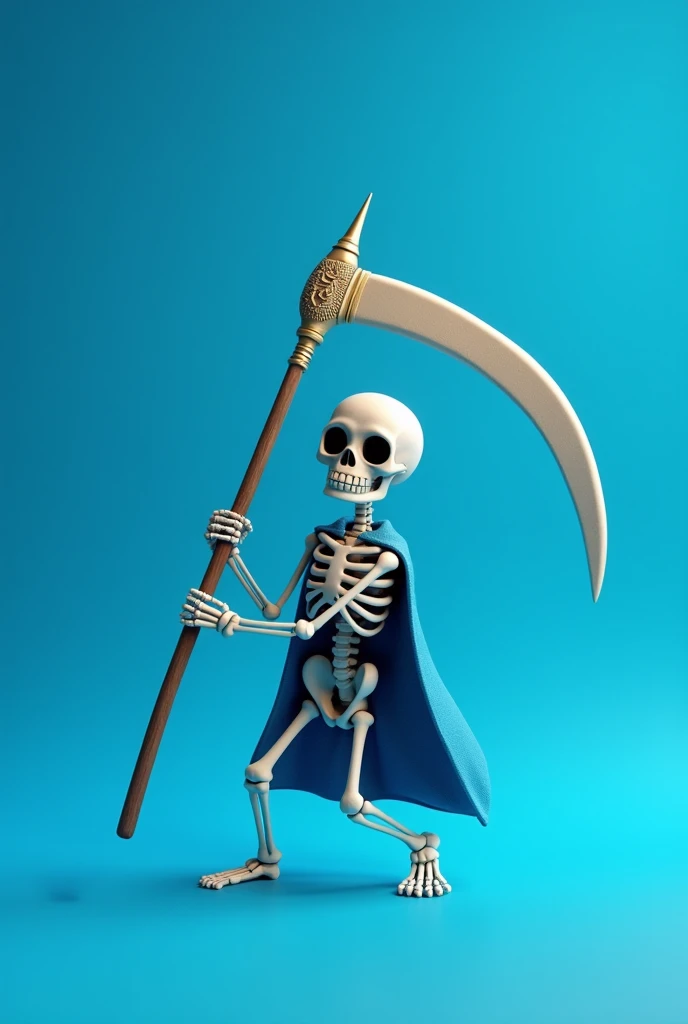 Happy little skeleton death animated man version with a scythe and all blue background