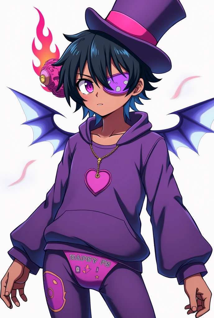An anime character with black hair and brown skin. One of his eyes is pink and the other is purple. One of his eyes is covered by a sleeping mask with a video game print. On his head, in the right corner, there is a purple top hat with a pink ribbon on his face. On his boxers, there is a purple heart mark. On his left ear, there is a device that is shaped like a fire and is purple and pink. His outfit is a sweatshirt and pants and super futuristic wings, all with purple and pink color palettes.