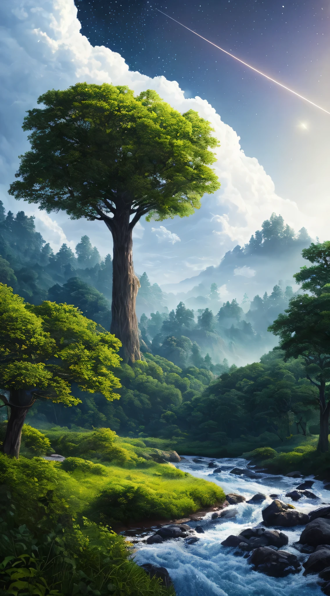 Illustration of a hyperrealistic , otherworldly, ultrasky scene featuring a giant crystal tree full body,very detailed and magical lighting, intricate forest details, vegetation and river around, solarpunk ,landscape, giant tree, beatifull leafy with beautiful lighting and realistic proportions, as if it were a cinematic background, 8k, highest quality, masterpiece, clouds and stars in the sky.