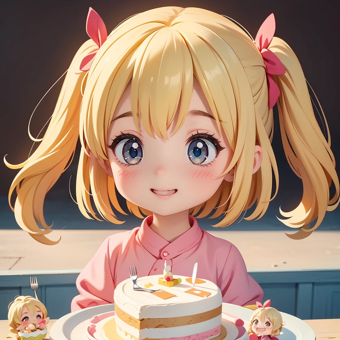 Super Chibi Character:1.8、Blonde Hair、Cute 7 year old girl、Random cute outfits、Super Chibi Character:1.8、smile、Super Smile、Eating cake with a fork、Eating cake with a fork