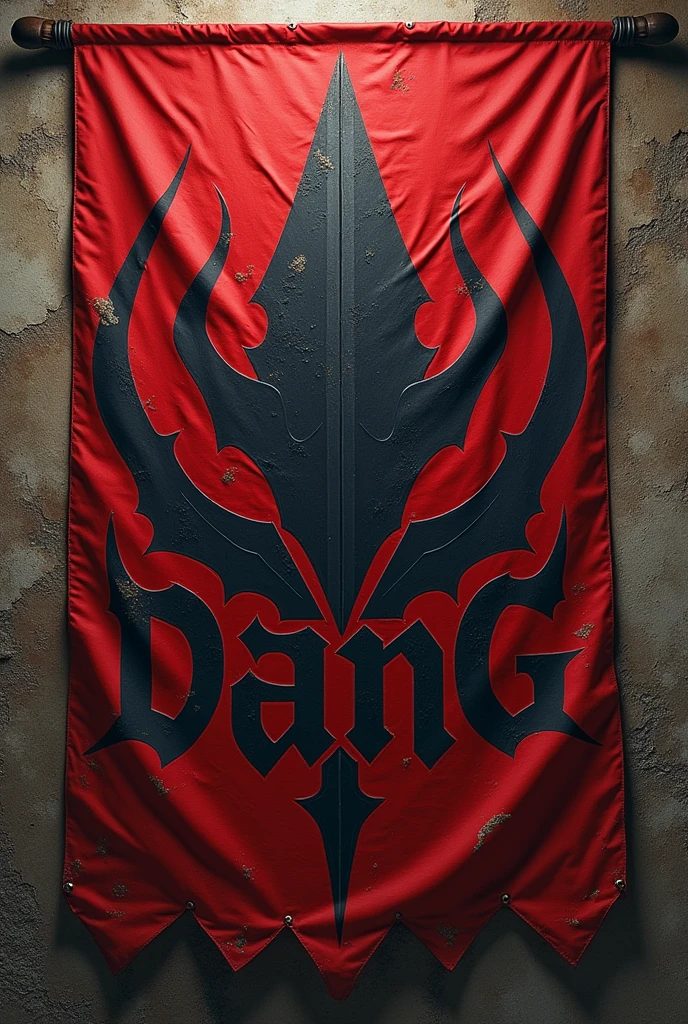 Create a flag for a group of mercenaries with a large fang in the center and the words Dark fang in Dungeons and Dragons style