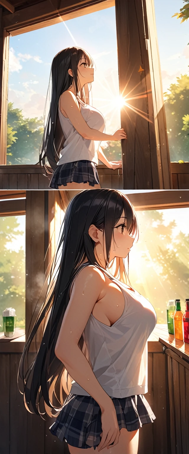 Girl,cute,cute,Chest to head,Straight Hair,Long Hair,Black Hair,morning,sunny,big breast photos,Are standing,From the side,Sweat,Sun light,Tank top,Ruffled mini skirt,Look Up,Drink directly from the bottle