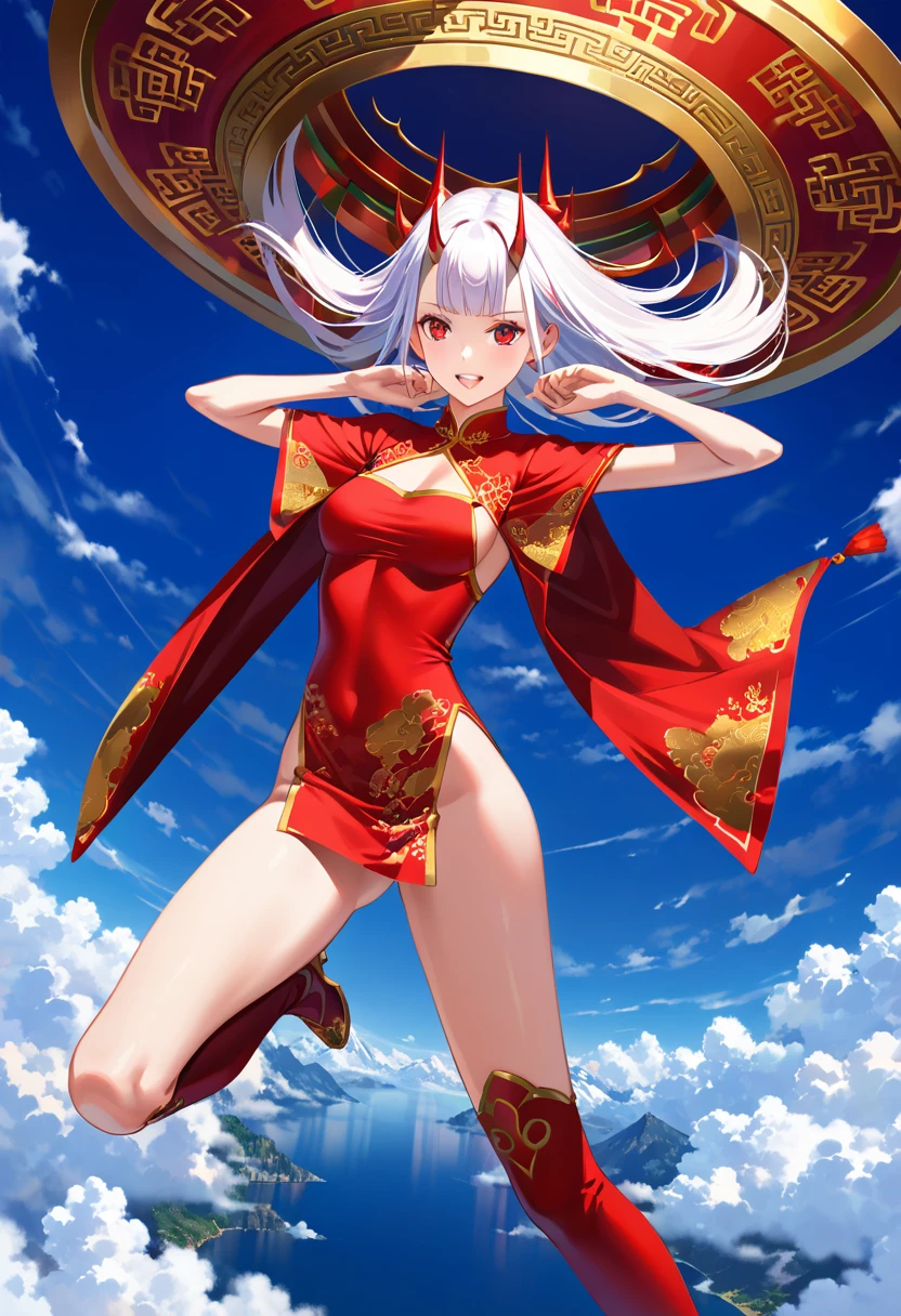 ((ultra realisitic)), ((picture-perfect)), ((face perfect)), ((ultra detaild)), ((fully body)), ((perfectbody)), a horned woman with white hair with red highlights in a Chinese dress flying through the sky, garota de fully body