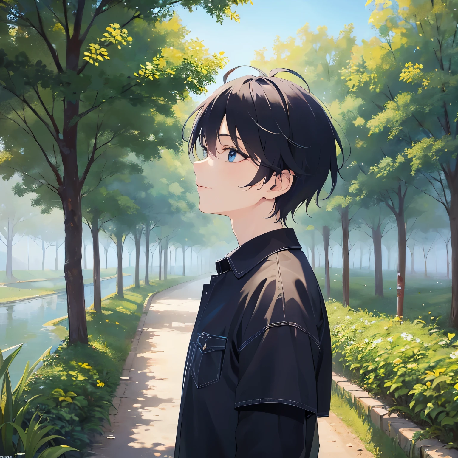 (looking up:1.5),upper body,Gazing Skyward 、Side shot、
shiny skin, masterpiece、Highest quality、
(25-year-old male:1.5) and (Black short hair) and (blue eyes),
(black collared shirt:1.5)、
smile,park,(alone:1.5)、grass,blue sky