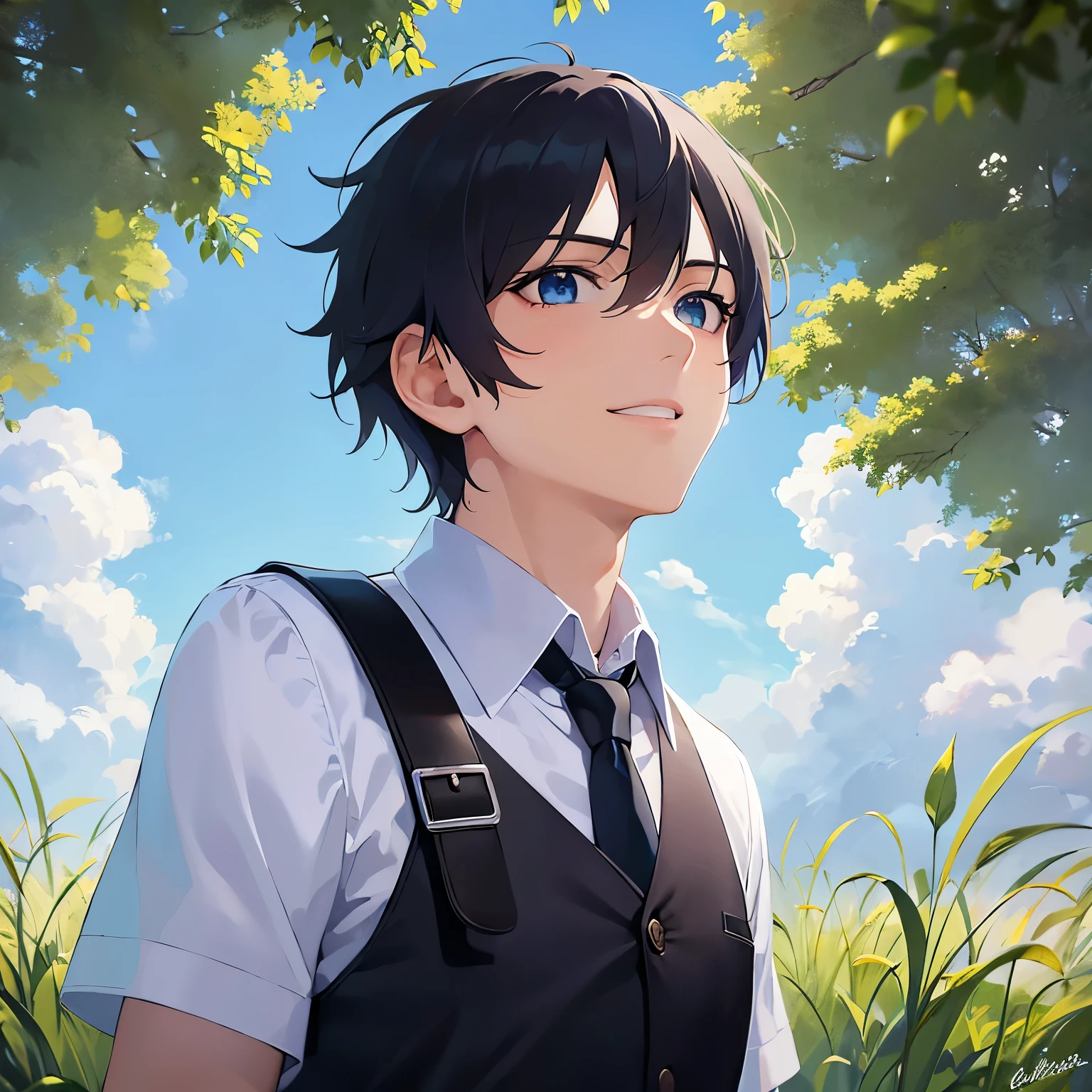 (looking up:1.5),upper body,Gazing Skyward 、Side shot、
shiny skin, masterpiece、Highest quality、
(25-year-old male:1.5) and (Black short hair) and (blue eyes),
(black collared shirt:1.5)、
smile,park,(alone:1.5)、grass,blue sky