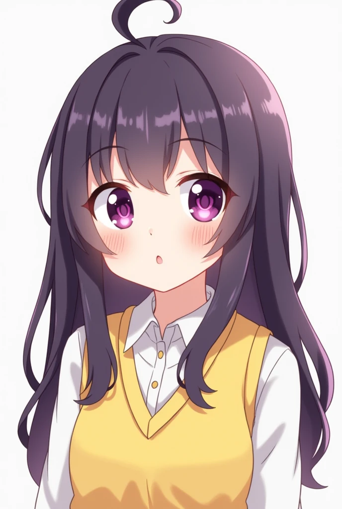 (drawing style) a girl with long dark purple hair and purple eyes wearing a yellow school vest cute soft cheerful