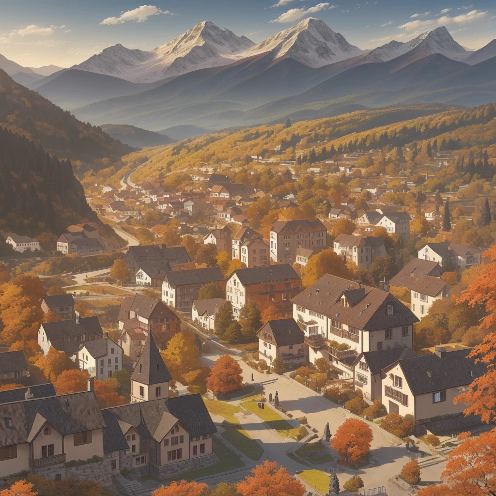 Autumn landscape, mountains and ancient buildings