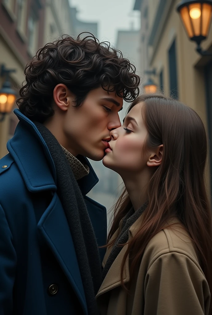 Scherlock Holmes without a beard from the Scherlock bbc series kissing the cheek of a Brazilian girl with long wavy brown hair and brown eyes with white skin in a blue overcoat and blue scarf in front of the two Miss Irene Adler watches jealously