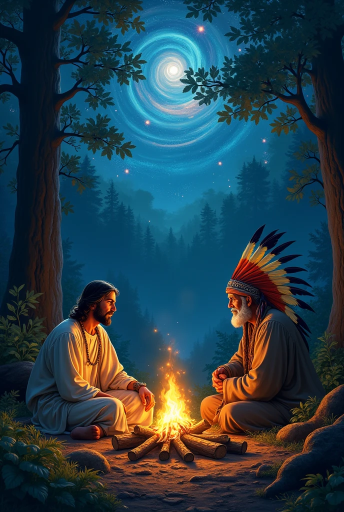 Jesus sitting around the campfire with a very old Indian who wears a large headdress of colorful feathers on his head, in the middle of the forest under the multicolored light of the universe.
