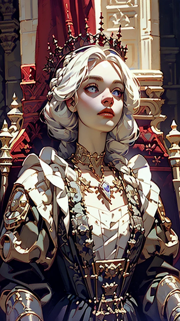 Beautiful albino woman with detailed braided medieval hairstyle (updo) (white hair) ,wearing detailed medieval gown (red and black colours), with gold accessories and gold tiara, medieval queen, medieval woman,queen,game of thrones style,daenerys targaryen style, high quality, very detailed,hd quality, masterpiece ((purple eyes))