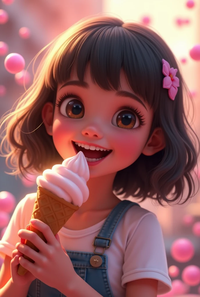 cute, likeらしい, Smiling girl eating ice cream, Candy flying around her, Pixar, Disney, Cinema Lighting, game, 8k, magic, like　Portrait image　The size is 1920 x 1080.