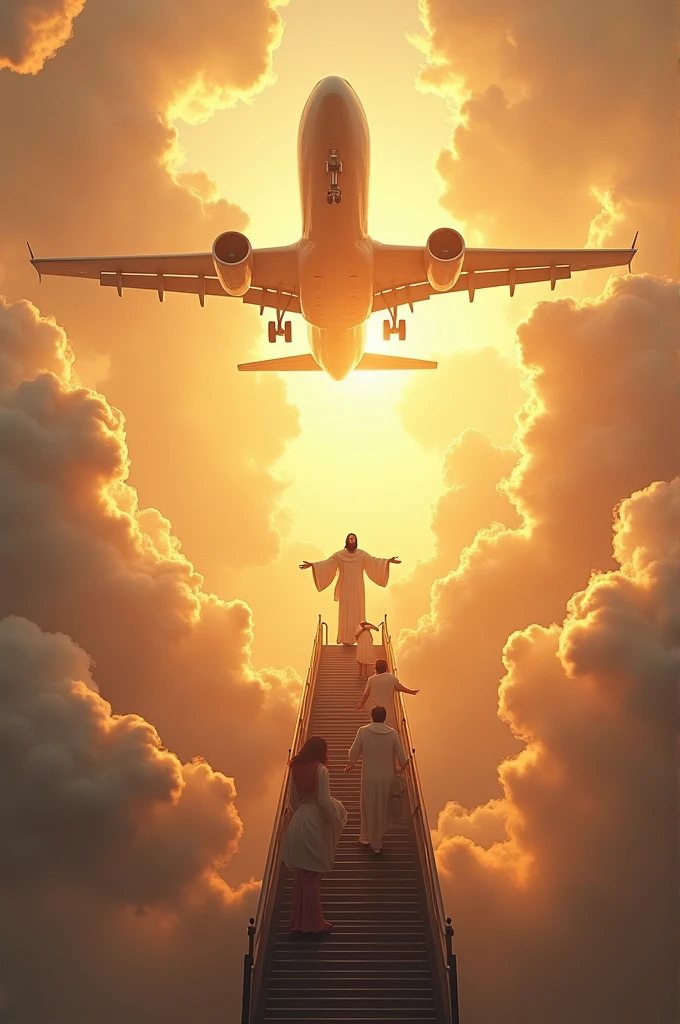 "Create an image of an airplane parked in the sky, with passengers descending from the plane and walking towards Jesus. Jesus stands with open arms, ready to welcome them, surrounded by soft clouds and a warm, golden light."