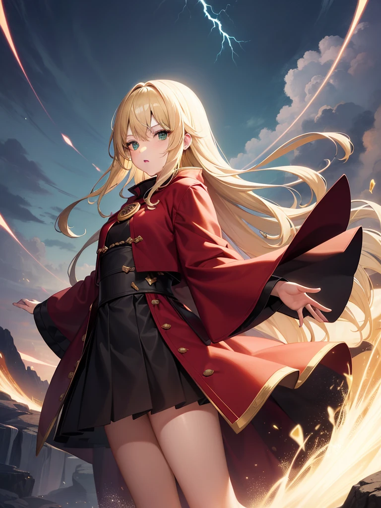 (Absurd, High resolution), 16K, (Panorama), Cute Japanese 18 year old, 1 person, Severe, Dark green eyes, Open your arms, Short right swept dandy Blonde, Blonde, Black coat, White underwear, Extremely detailed, lightning, magic, magic Array, Exaggerated light, Shine, magic, floating, evening, good looking、wearing a red cloak