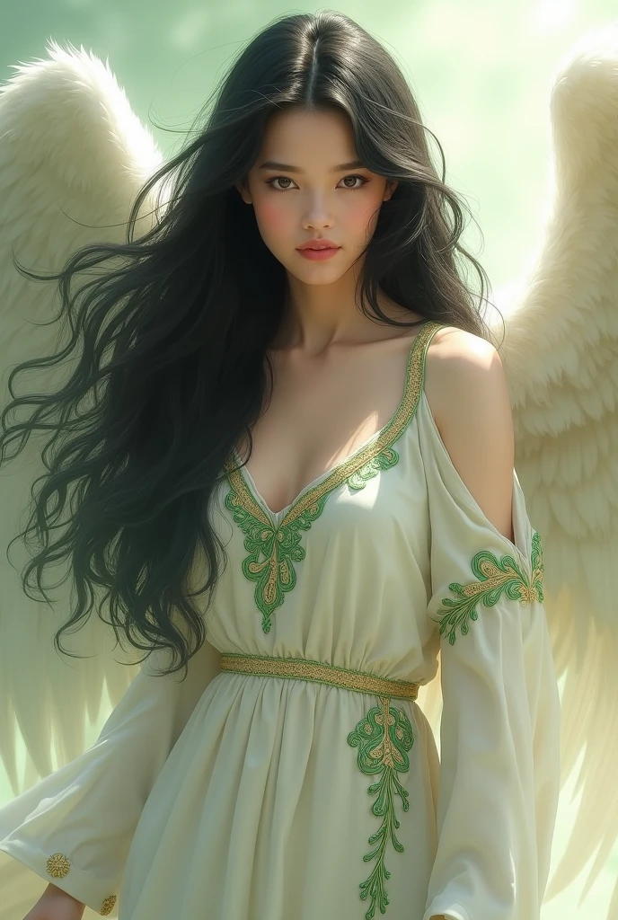 Drawing of an angel with black hair wearing white clothes with green details