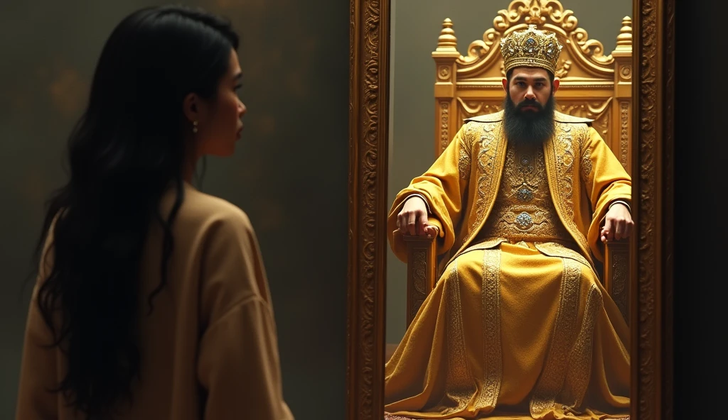 30 year old woman looking in the mirror and seeing in the reflection the image of a man sitting on a golden throne, referring to the figure of a powerful emperor, convey a lot of depth