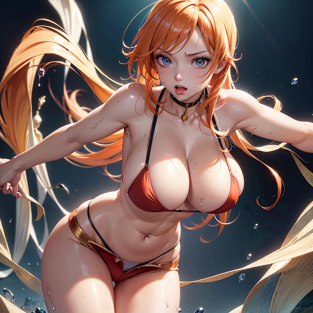 (One Piece Nami) Close-up, frontal portrait, gaze, perspective, 8K, gorgeous lips, (masterpiece), (highest quality), (super detailed), ((sexy; 1.5)) extremely beautiful, illustration, perfect composition , intricate, extremely detailed faces, (animated, masterpiece, complex: 1.3), (best quality, featured textures, high detail: 1.2), (4k), (extreme detail: 1.4) moody lighting, happy, tired, (stain dripping on face, chest), blushing, panting, mouth wide open, drooling, worshiping facial focus, looking at each other, breasts touching, front view, dynamic angle, expressiveness, (extreme detail: 1.4) (Masterpiece, Best qualities: 1.2) Healthy skin, clearly visible muscles, plump girl, wide eyes, provocative posture, amazing ass, hot and provocative expression. Beauty, exaggerated long orange hair, glossy skin, seductive poses, cleavage, wet skin, bare breasts, large breasts, exposed bikini breast details, clothing that may accidentally fall apart (spreading), embedded (causing Clothing pulls on the crotch)), cropped tops may tear and tops may slip off (resulting in exposure). The expression is fiery and defiant. (Masterpiece, best quality: 1.2), beautiful, radiant skin, seductive pose, cleavage, smooth skin, bare breasts, big breasts, showing breast details, healthy skin, showing buttocks, skin tone shorts panties transfer to A large amount of white viscous liquid oozed from the thigh. Healthy skin, close-up, ass, ripped mini shorts, body exposed, detail: legs spread, her ass in focus, her eyes flashing with orgasm, her large breasts showing off her cleavage. Delicate pale pink nipples, navel, muscular, spread legs, juicy, wet, seductive, big breasts, cleavage exposed, navel (tanned): 1.6),
