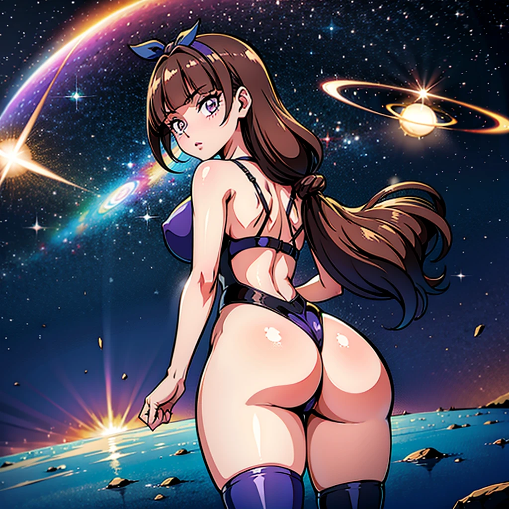 (1 girl), (solo), ((amanogawaki)), best quality, highres, high quality, 8k, HD, super detail, anatomically correct, UHD, accurate, (masterpiece:1.0), (high quality:1.0), (ultra detailed), (Planets on a Galaxy background), Looking Back, Looking At viewer, Serious Face, detailed eyes, (Black Leotard), (Black thigh Highs), (perfect hands), (Thick Hips), (Thick Thighs), buttcheeks, Purple eyes