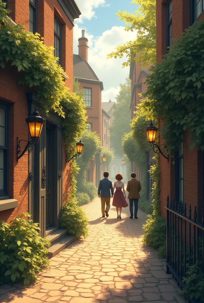 London footpaths in 1888 , warm tone , little people on the left and right side , anime style