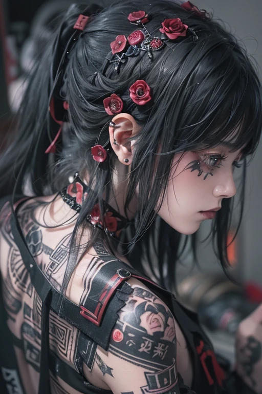 Highest quality、、masterpiece：1.3、Gothic Punk、Red inside、Gray Black Hair、hair ornaments、beautiful girl、creative、Punk Shirt、Neogoth、Goth Fashion：1.2、High resolution、masterpiece、Highest quality、頭w:1.3、((Hasselblad Photos))、Fine skin、Sharp focus、(Cinema Lighting)、Explore Tokyo、The night city beyond the neon lights,, Age 27、、Hair back、Shoulder Bare、Small red rose tattoo on the décolletage、Just one tattoo、Looking at this、