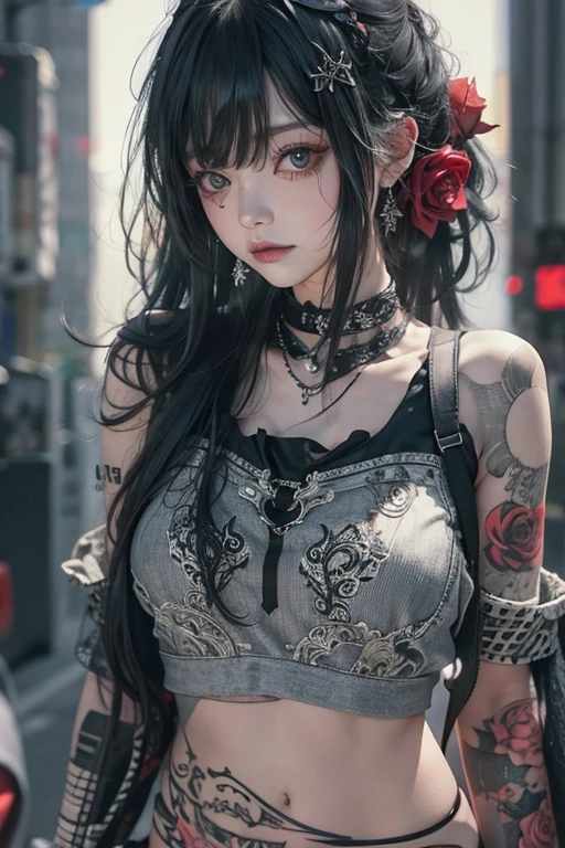 Highest quality、、masterpiece:1.3、Gothic Punk、Red inside、Gray Black Hair、hair ornaments、beautiful girl、creative、Punk Shirt、Neogoth、Goth Fashion:1.2、High resolution、masterpiece、Highest quality、頭w:1.3、((Hasselblad Photos))、Fine skin、Sharp focus、(Cinema Lighting)、Explore Tokyo、The night city beyond the neon lights,, Age 27、、Hair back、Shoulder Bare、Small red rose tattoo on the décolletage、Just one tattoo、Looking at this、