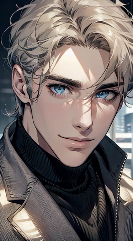 (best quality,4k,8k,highres,masterpiece:1.2),ultra-detailed,(realistic,photorealistic,photo-realistic:1.37),1 man,31 years old, man,very handsome,without expression,smile,short grey golden hair,blue eyes,penetrating gaze,perfect face without errors,imposing posture,businessman,office background,cinematic lighting,hdr image
