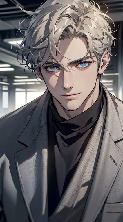 (best quality,4k,8k,highres,masterpiece:1.2),ultra-detailed,(realistic,photorealistic,photo-realistic:1.37),1 man,31 years old,mature man,very handsome,without expression,smile,short grey golden hair,blue eyes,penetrating gaze,perfect face without errors,imposing posture,businessman,office background,cinematic lighting,hdr image