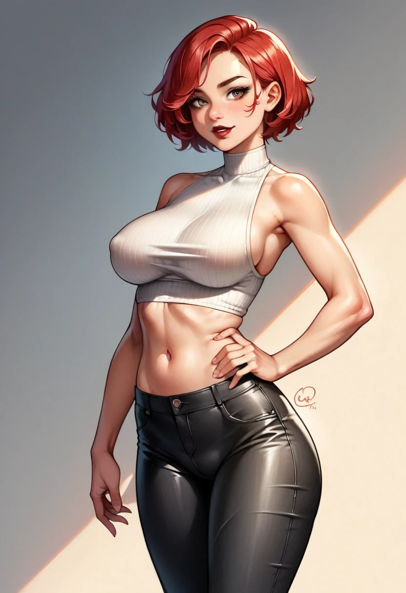 (high-level image quality), (high quality), (high resolution), (detailed), (masterpiece), beautiful woman, ((caucasian)), red hair, short hair, dark red lipstick, busty, slender body, Detailed eyes, perfect eyes, Detailed face, leather pants, cropped, backside, seductive face,