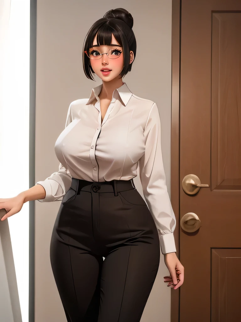 (highres, high quality:1.3), intricate details, cinematic lighting, sharp focus, depth of field,
KuroseKatsuko, 1girl, solo, full body, mature female, looking at viewer, standing, white background, siple background,
serious, embarrassed, blush, open mouth,
[brown|black] hair, short hair, blunt bang, hair bun, ribbon, makeup, lipstick, eyelashes, brown eyes, detailed eyes, glasses, perfect face, cute nose, beautiful face, perfect face, illuminated face, thick lips, blushes, symmetrical face, beautiful detailed face, human ears, seductive, pleasure expression, orgasm expression,
Buttoned up blouse, black pants,  tight clothes,
huge breasts s, hourglass figure, big breasts, huge breasts, large breasts, big butt, huge butt, very slim stomach, thin belly, buttoned up blouse 