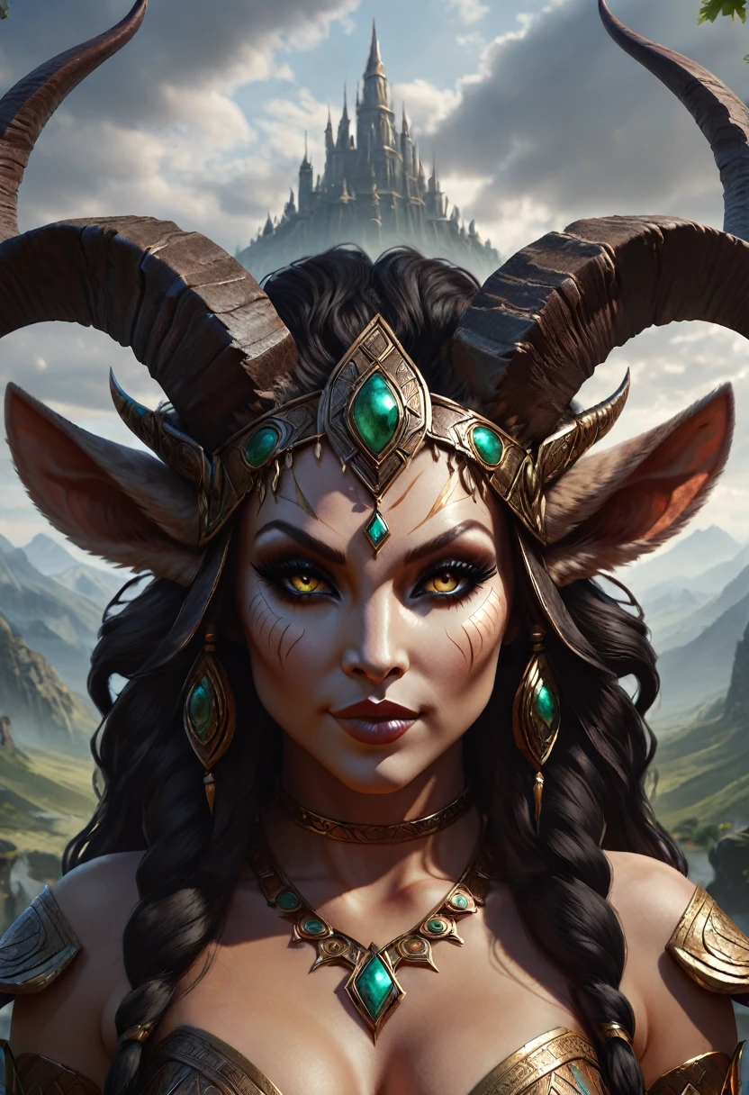 Anthropomorphic feminine satyr enchantress. Official Art – An Award-Winning Digital Masterpiece In 4K Ultra HD, Extreme Detail And Intricate Realism. Symmetrical Face. This Concept Art Brought To Life By The Hands Of Artists Like Wlop & Artgerm In A Stunning 2D Vector Illustration. Background Is A Panoramic Vista.
